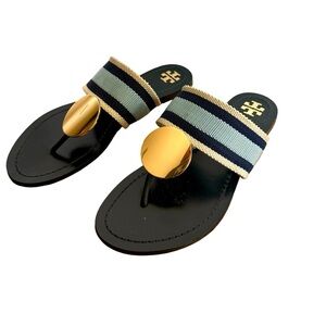 Tory Burch Women’s Patos Gold Disk Flat Sandals Navy Blue sz. 8